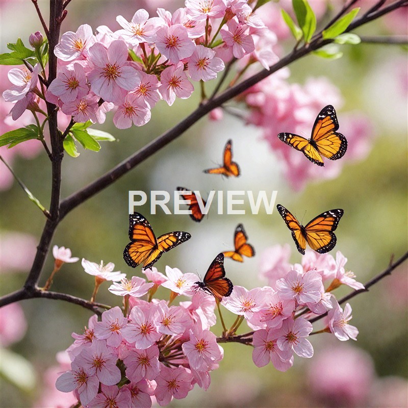 Several orange and black monarch butterflies are flying and resting among pink cherry blossoms on a tree branch, with a soft, blurry background.